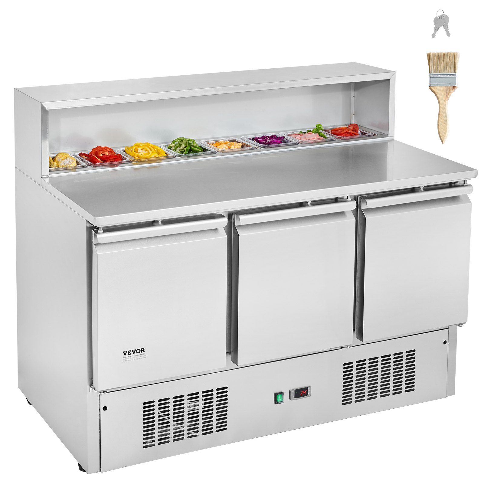 VEVOR Commercial Refrigerator Sandwich & Salad Prep Table, 337L Stainless Steel Refrigerated Food Prep Station with 5 Pans, Clean Brush, 3 Doors Direct Cool Refrigerator with Light for Restaurant
