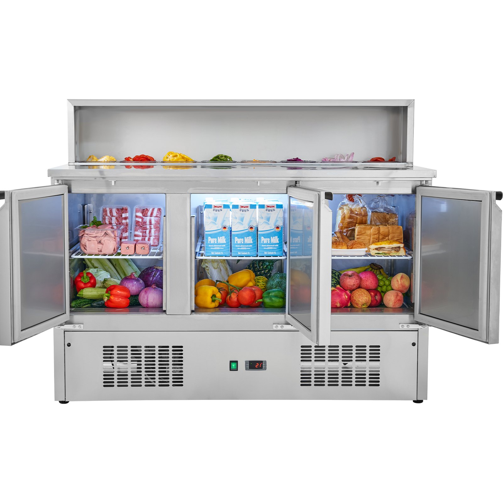 VEVOR Commercial Refrigerator Sandwich & Salad Prep Table, 337L Stainless Steel Refrigerated Food Prep Station with 5 Pans, Clean Brush, 3 Doors Direct Cool Refrigerator with Light for Restaurant