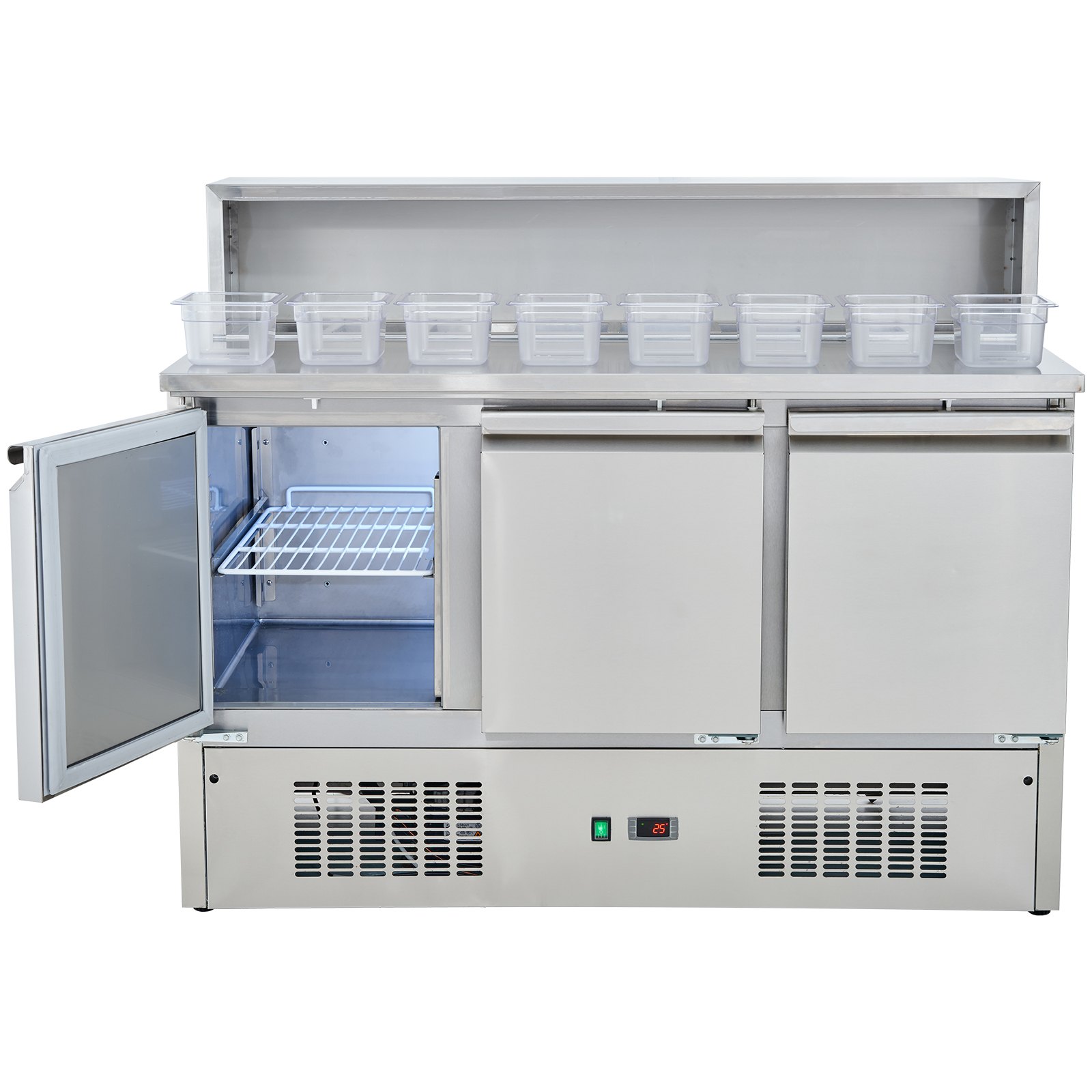 VEVOR Commercial Refrigerator Sandwich & Salad Prep Table, 337L Stainless Steel Refrigerated Food Prep Station with 5 Pans, Clean Brush, 3 Doors Direct Cool Refrigerator with Light for Restaurant