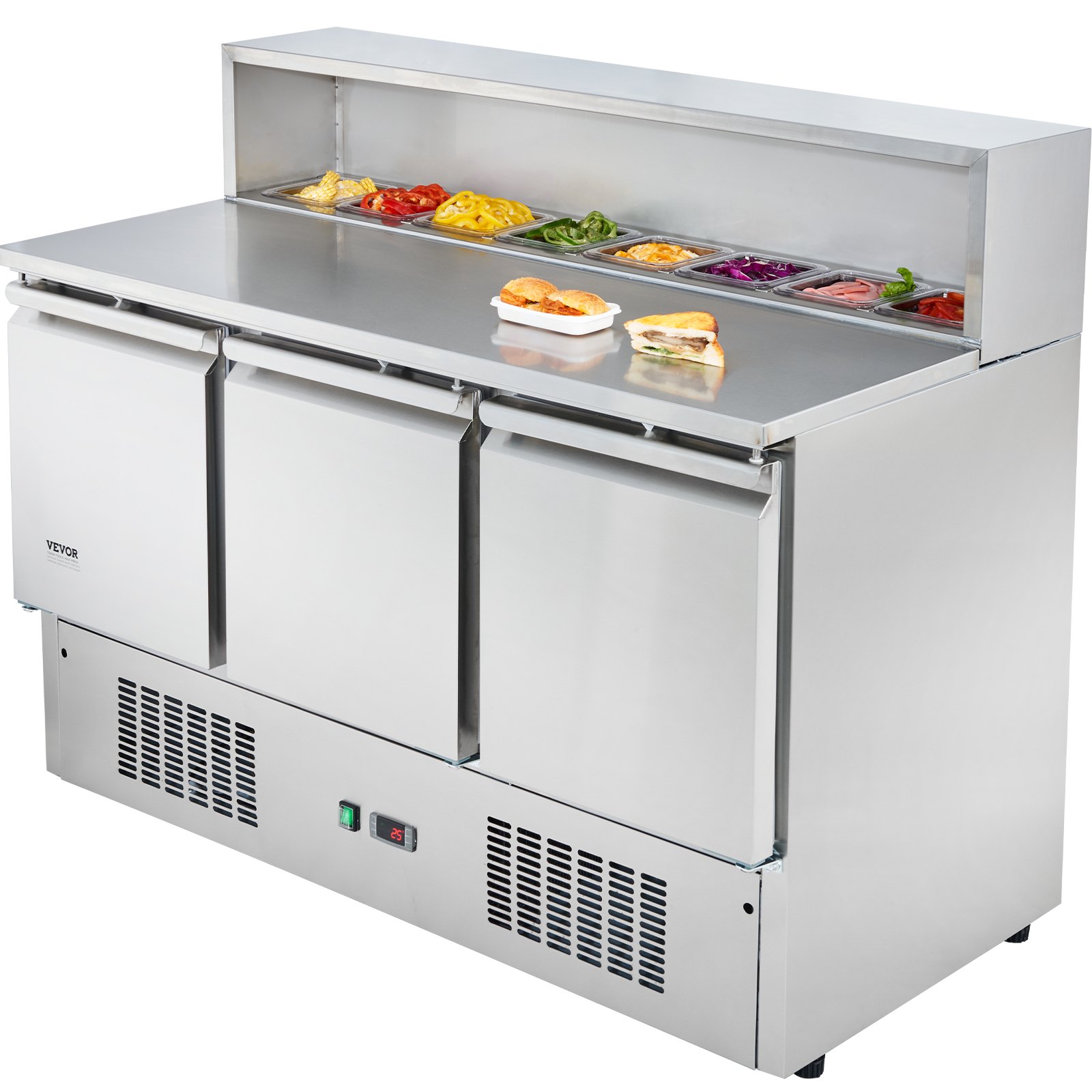 VEVOR Commercial Refrigerator Sandwich & Salad Prep Table, 337L Stainless Steel Refrigerated Food Prep Station with 5 Pans, Clean Brush, 3 Doors Direct Cool Refrigerator with Light for Restaurant