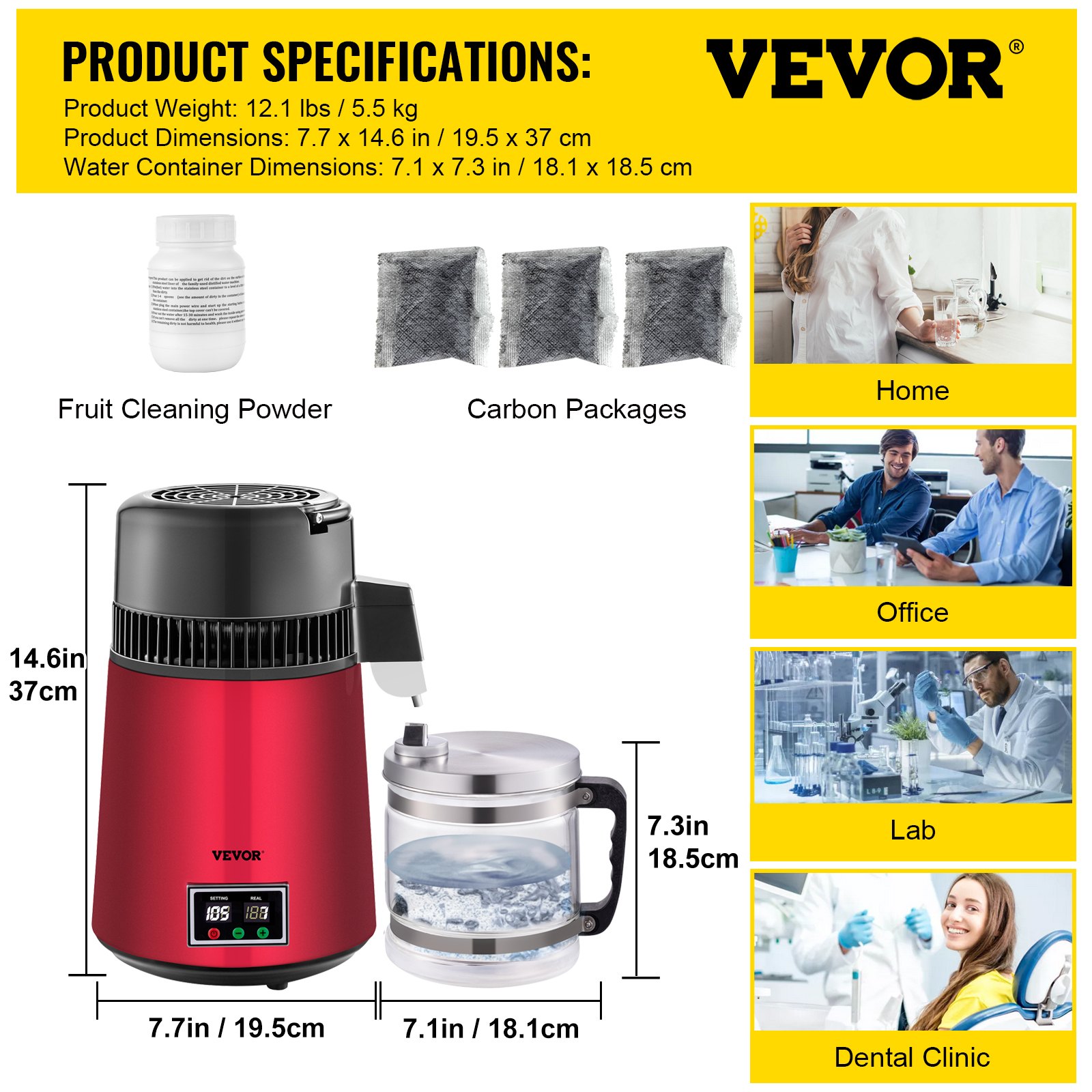 VEVOR Home Water Distiller Distilled Water Maker 4L with Dual Temp Display Red