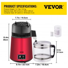 VEVOR Water Distiller, 4L Distilled Water Maker, Pure Water Distiller with Dual Temperature Displays, 750W Distilled Water Machine, Water Distillers for Home Countertop with Glass Container, Red