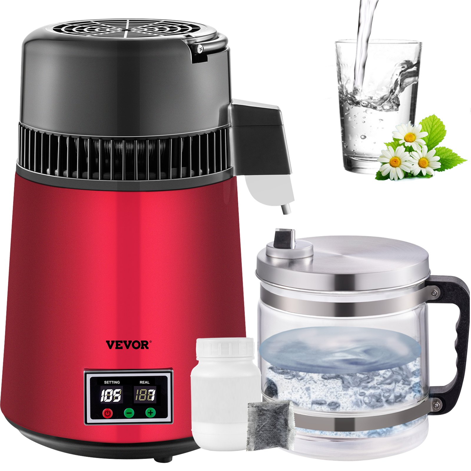 VEVOR Home Water Distiller Distilled Water Maker 4L with Dual Temp Display Red