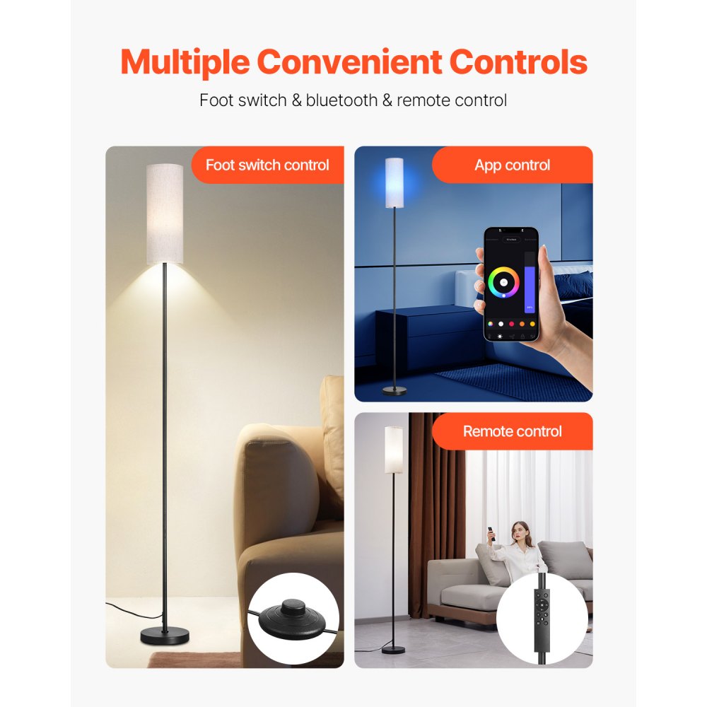 Lámpara de pie regulable VEVOR, colores ajustables sin escalonamientos, moderna lámpara de pie con control remoto, interruptor de pie y control por aplicación, lámpara de pie alta para sala de estar, dormitorio, oficina, bombilla LED de 9 W incluida.