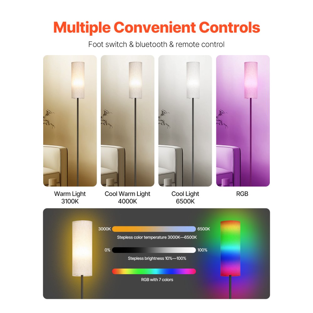 Lámpara de pie regulable VEVOR, colores ajustables sin escalonamientos, moderna lámpara de pie con control remoto, interruptor de pie y control por aplicación, lámpara de pie alta para sala de estar, dormitorio, oficina, bombilla LED de 9 W incluida.