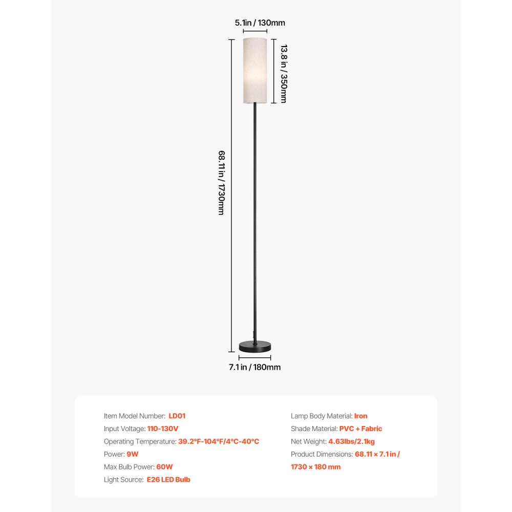Lámpara de pie regulable VEVOR, colores ajustables sin escalonamientos, moderna lámpara de pie con control remoto, interruptor de pie y control por aplicación, lámpara de pie alta para sala de estar, dormitorio, oficina, bombilla LED de 9 W incluida.