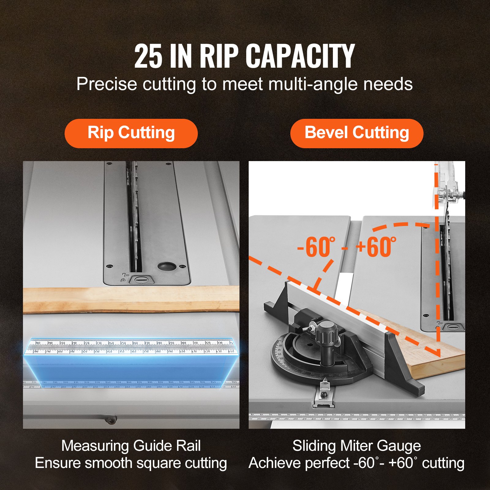 VEVOR 1800 W Table Saw Electric Cutting Machine, 625 mm Cutting Capacity, 4400 RPM, 85 mm 90° Crosscut Saw and 60 mm 45° Bevel Cut for Wood, Carpentry and Indoor/Outdoor Workshop