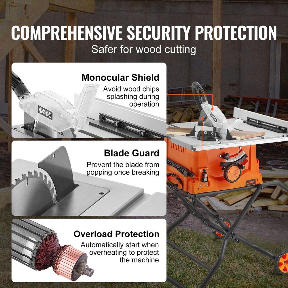 VEVOR 25.4 cm Table Saw w/ Stand Electric Cutting Machine 4800RPM 63.5 cm Rip Capacity