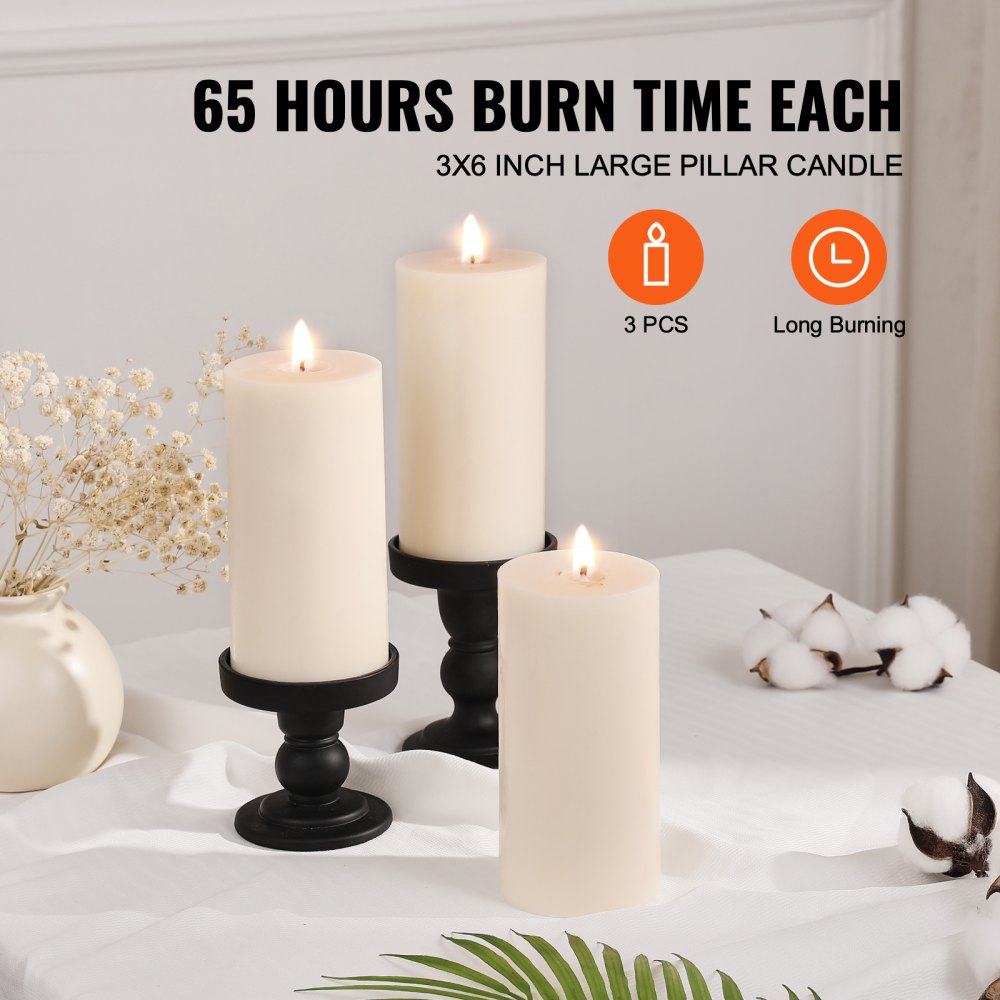 VEVOR 3 Pack White Unscented Pillar Candles, 65 Hours Long Burning Pillar Candle, 3 x 6 Inch Smokeless Unscented Candles, Natural Palm Wax Candles for Home, Weddings, Christmas, White