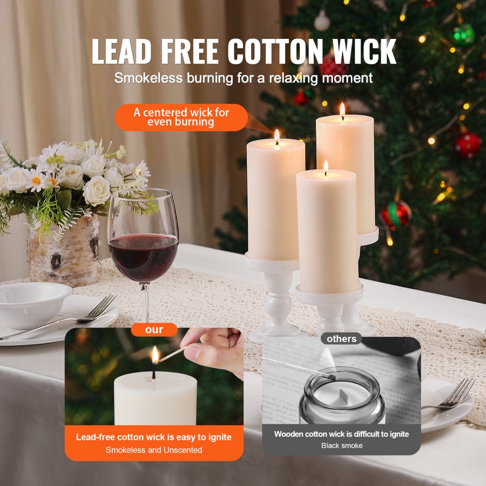VEVOR 3 Pack White Unscented Pillar Candles, 65 Hours Long Burning Pillar Candle, 3 x 6 Inch Smokeless Unscented Candles, Natural Palm Wax Candles for Home, Weddings, Christmas, White