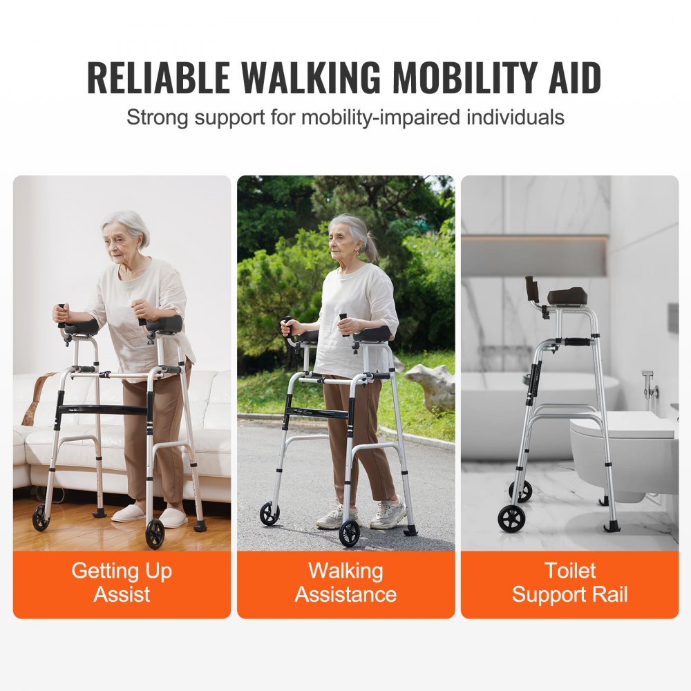 VEVOR folding walker providing getting up assist, walking assistance, and toilet support rail functions.