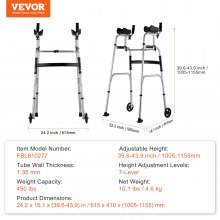 VEVOR 2 in 1 Folding Walker with Armrest Pads & 5" Solid Wheel Height Adjustable