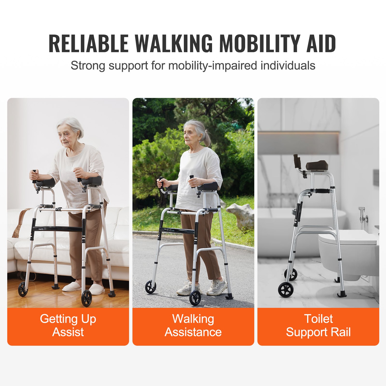 VEVOR folding walker providing getting up assist, walking assistance, and toilet support rail functions.