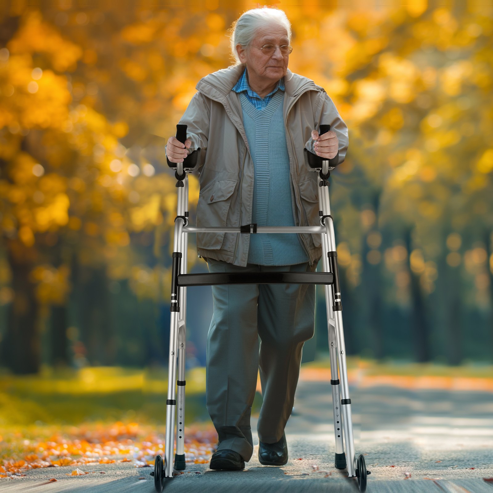 senior using VEVOR folding walker in a park with autumn foliage.