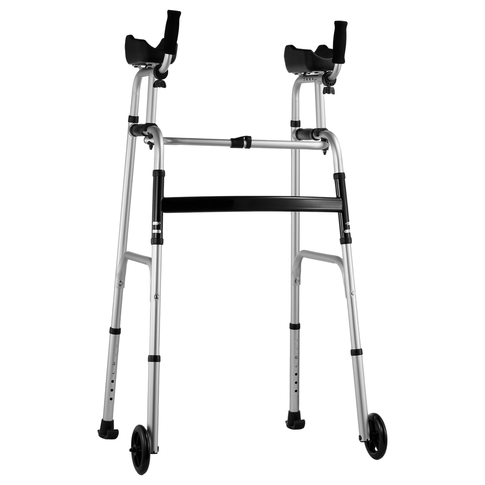 aluminum VEVOR folding walker with dual handles, adjustable legs, and front wheels for mobility support.