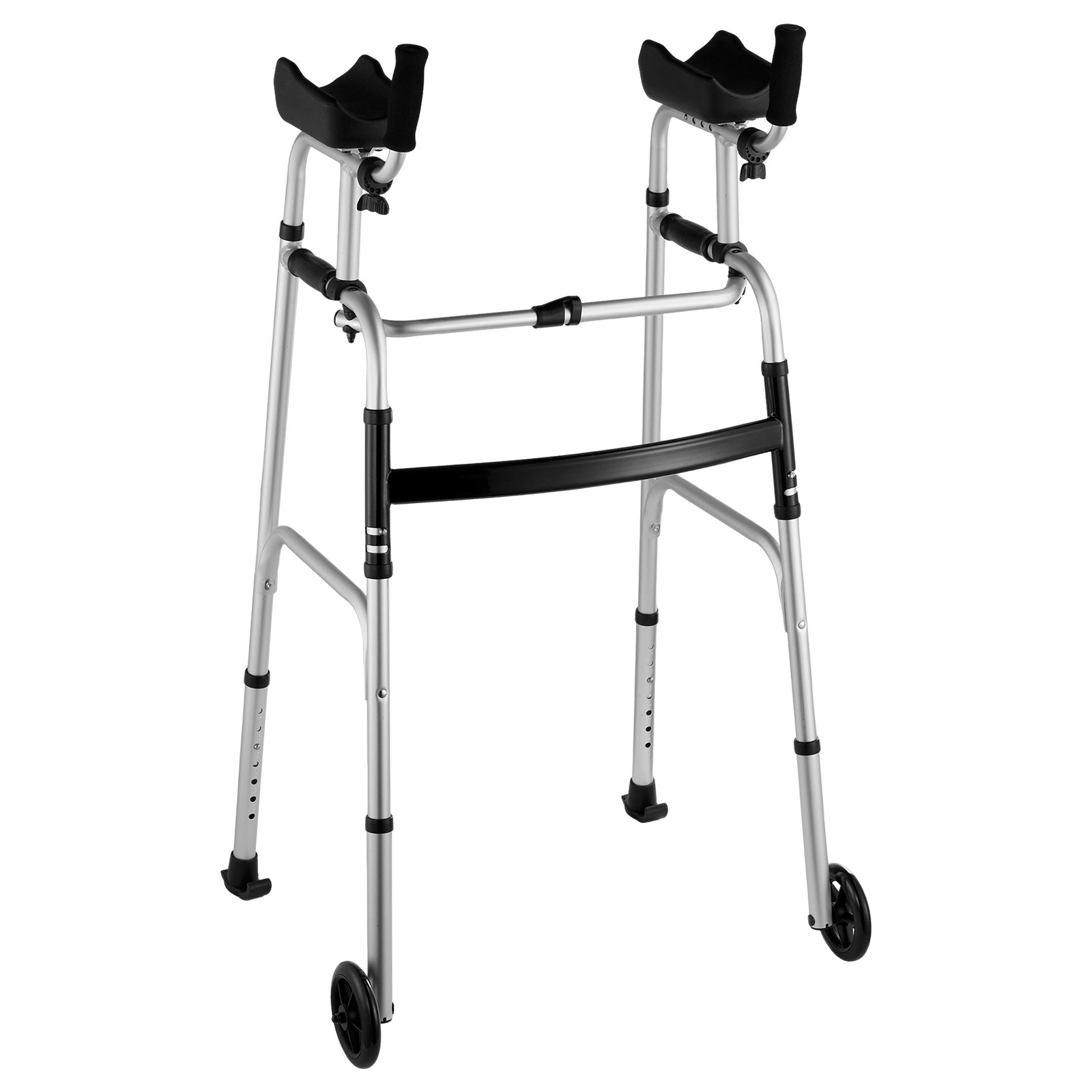 VEVOR folding walker with adjustable height, padded arm supports, and front wheels.