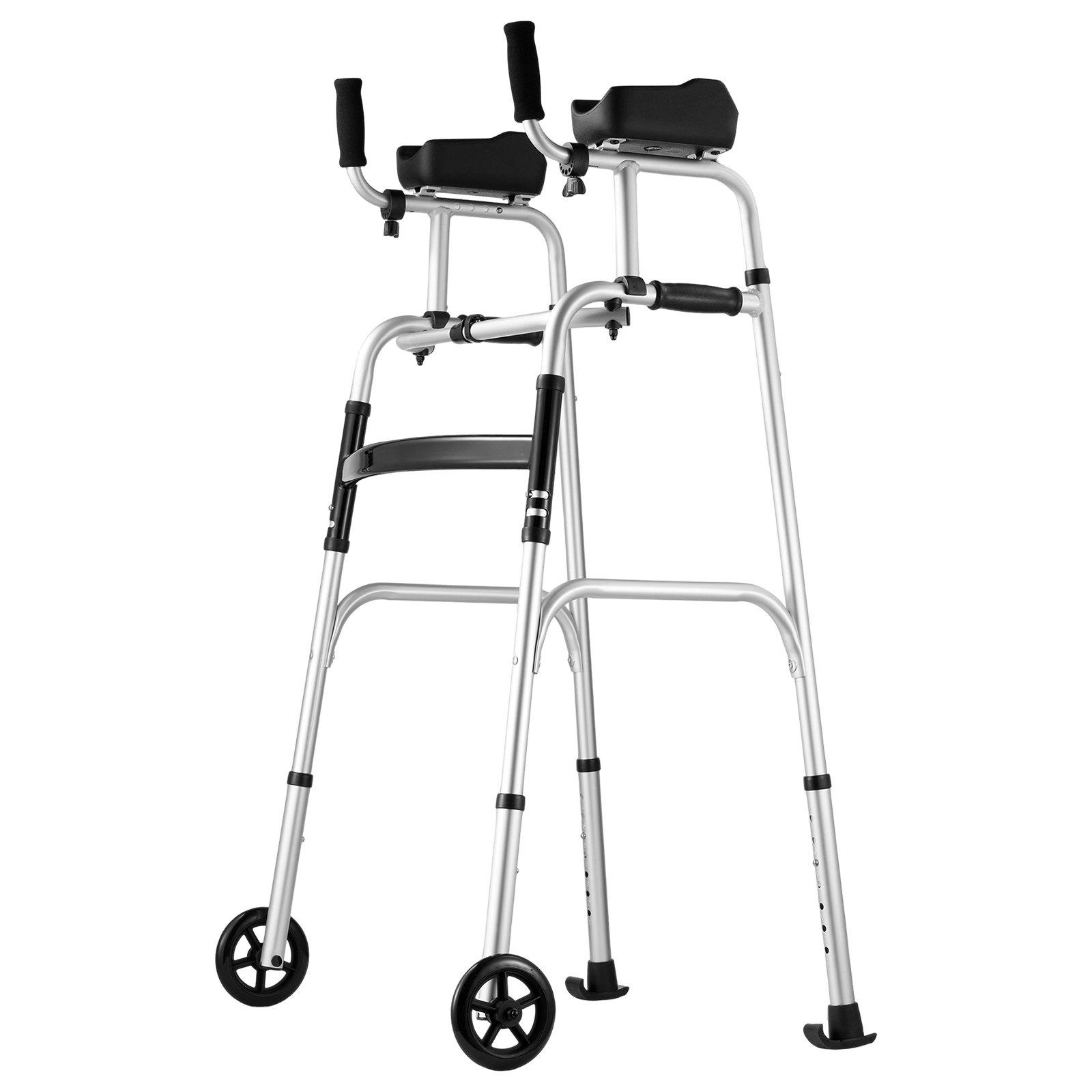 silver VEVOR folding walker with wheels and arm pads, featuring black handles and adjustable height.