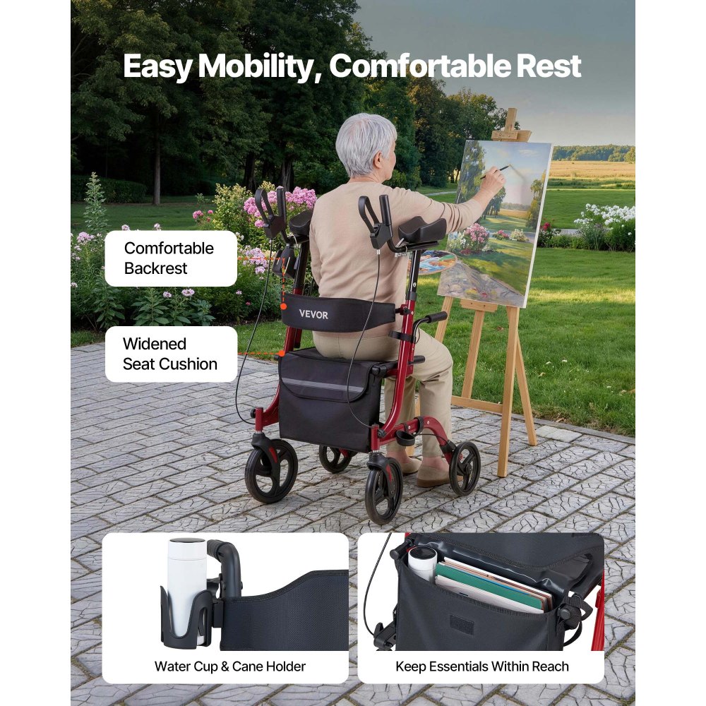 VEVOR Rollator Walker with Seat for Seniors, Foldable Rolling Walker, Lightweight Aluminum Mobility Walking Aid with PVC Solid Wheels, Adjustable Handle, Storage Bag, Cup/Cane Holder - Supports 136kg