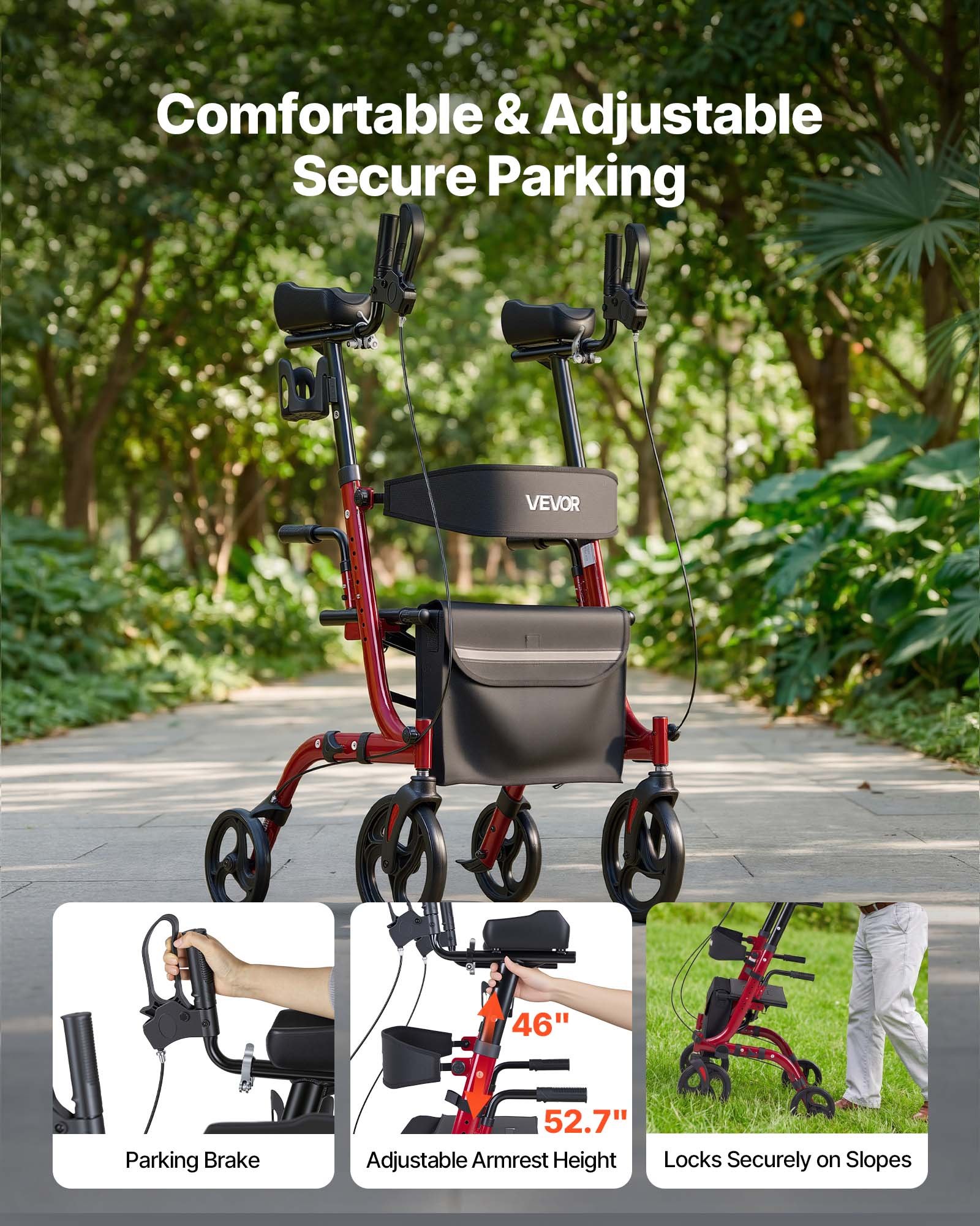 VEVOR Rollator Walker with Seat for Seniors, Foldable Rolling Walker, Lightweight Aluminum Mobility Walking Aid with PVC Solid Wheels, Adjustable Handle, Storage Bag, Cup/Cane Holder - Supports 136kg