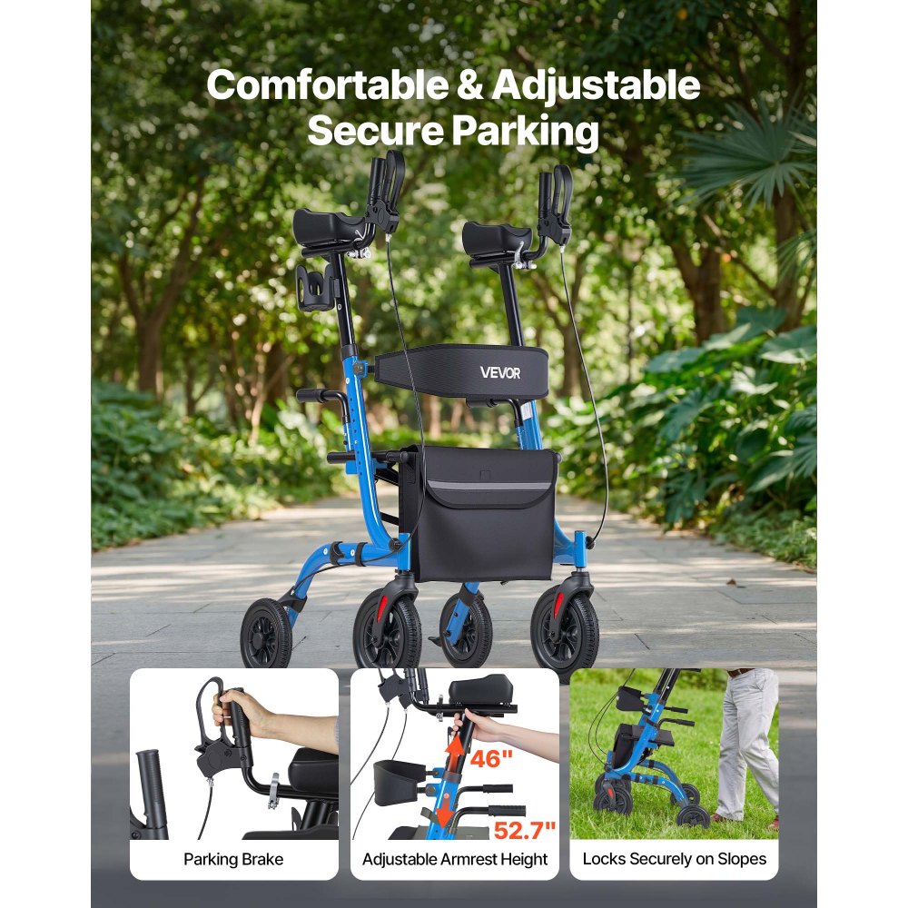 VEVOR Rollator Walker with Seat for Seniors, Foldable Rolling Walker, Lightweight Aluminum Mobility Walking Aid with PU Solid Wheels, Adjustable Handle, Storage Bag, Cup/Cane Holder - Supports 136kg