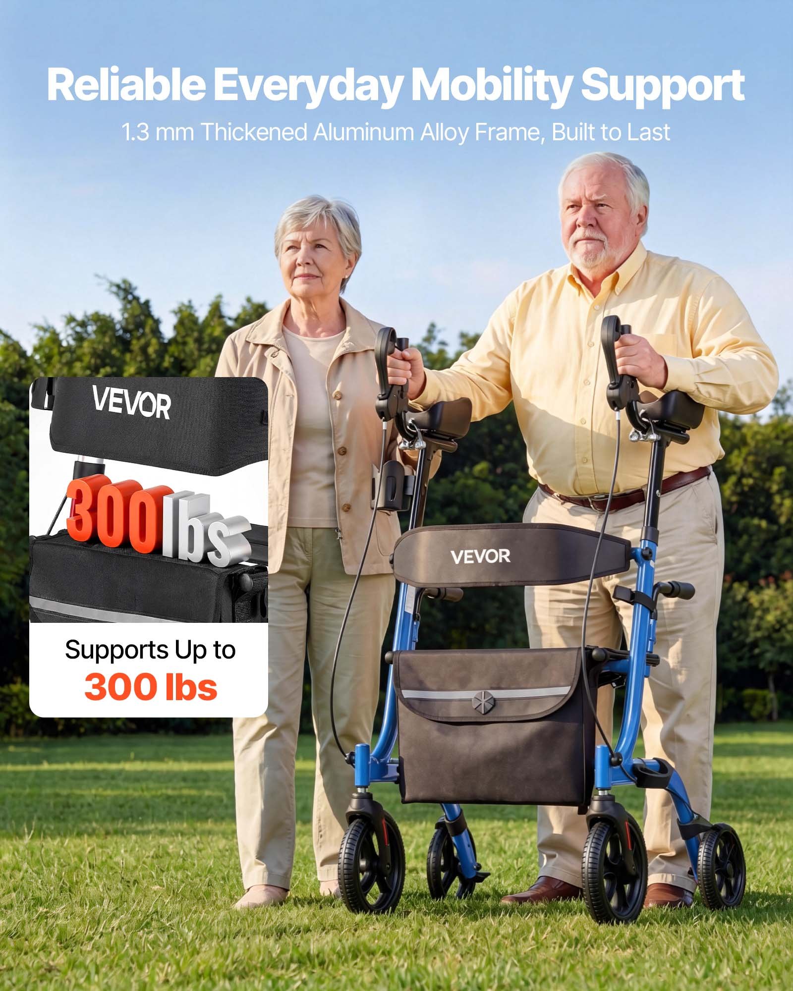 VEVOR Rollator Walker with Seat for Seniors, Foldable Rolling Walker, Lightweight Aluminum Mobility Walking Aid with PU Solid Wheels, Adjustable Handle, Storage Bag, Cup/Cane Holder - Supports 136kg