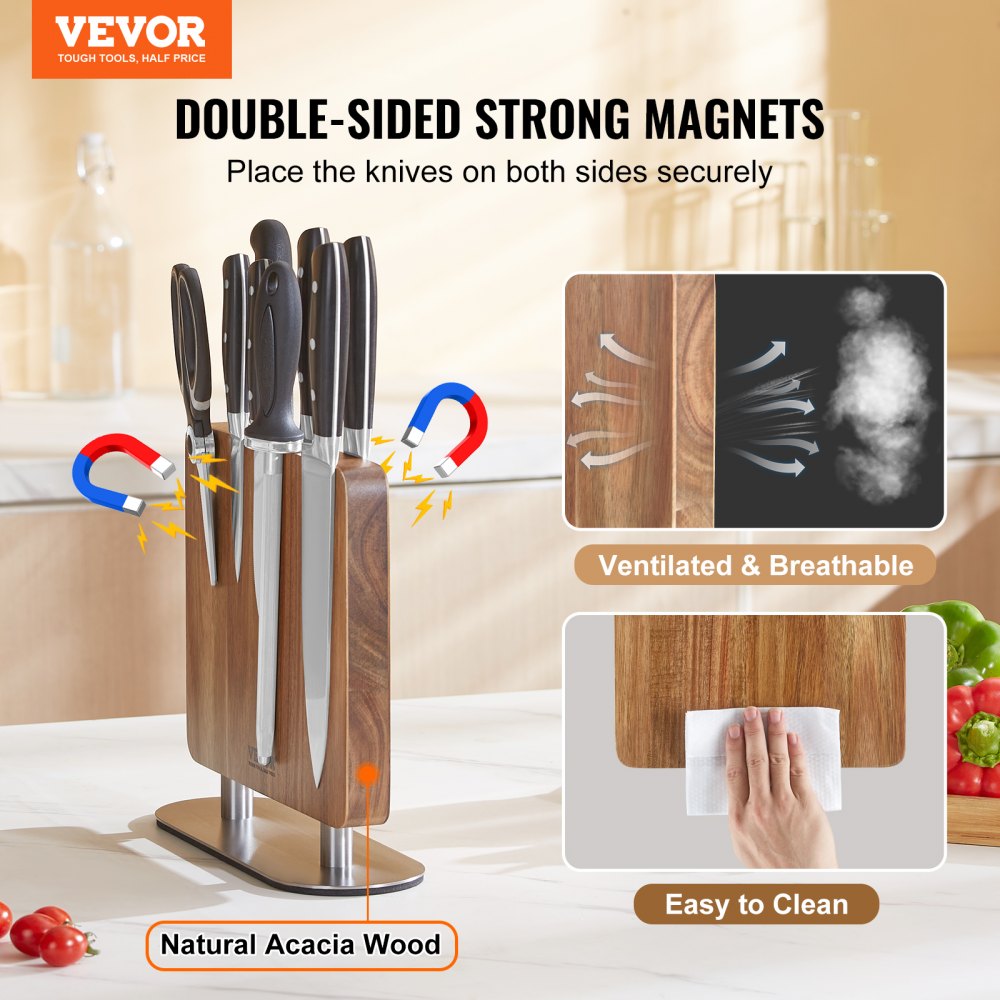 Double-Sided Magnetic Knife Block(Natural Bamboo),Knife Holder,Knife Block  with Strong Magnets,Cutlery Display Stand and Storage Rack,Large Capacity