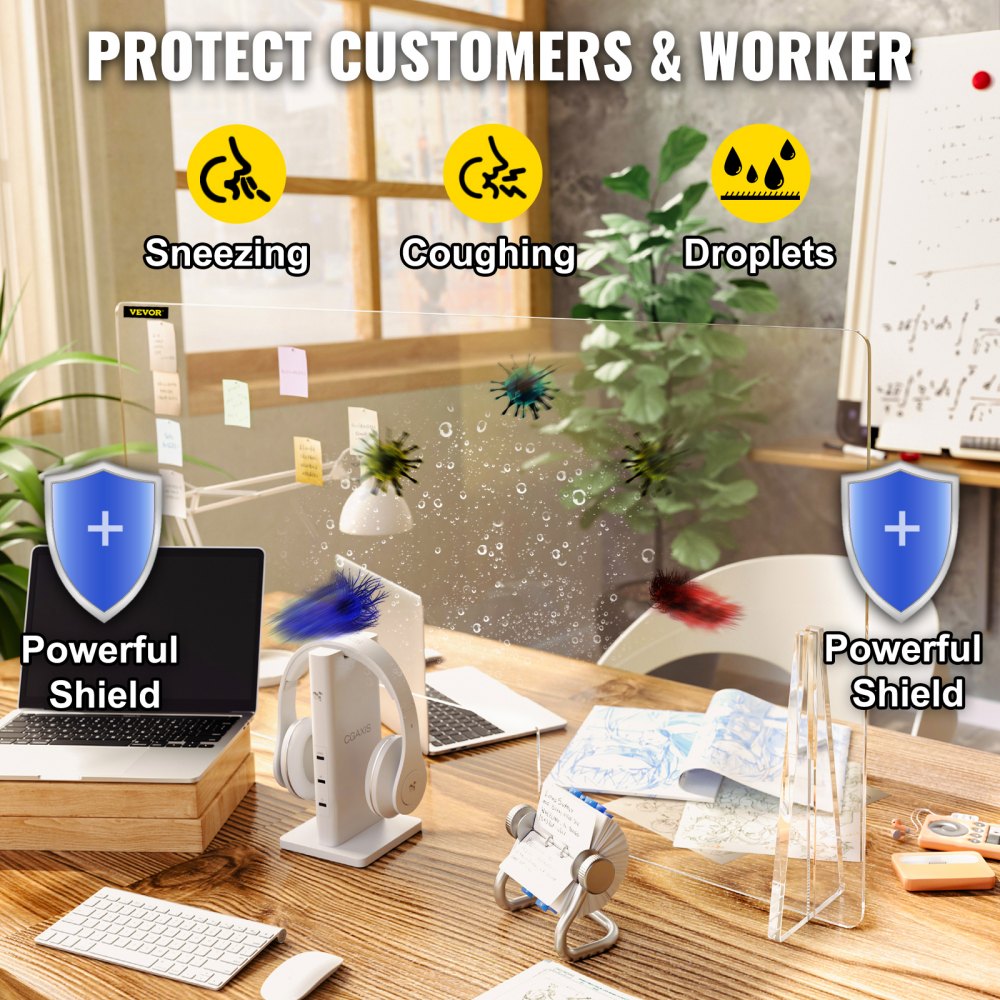 VEVOR acrylic sneeze guard protecting workspaces from sneezing, coughing, and droplets.