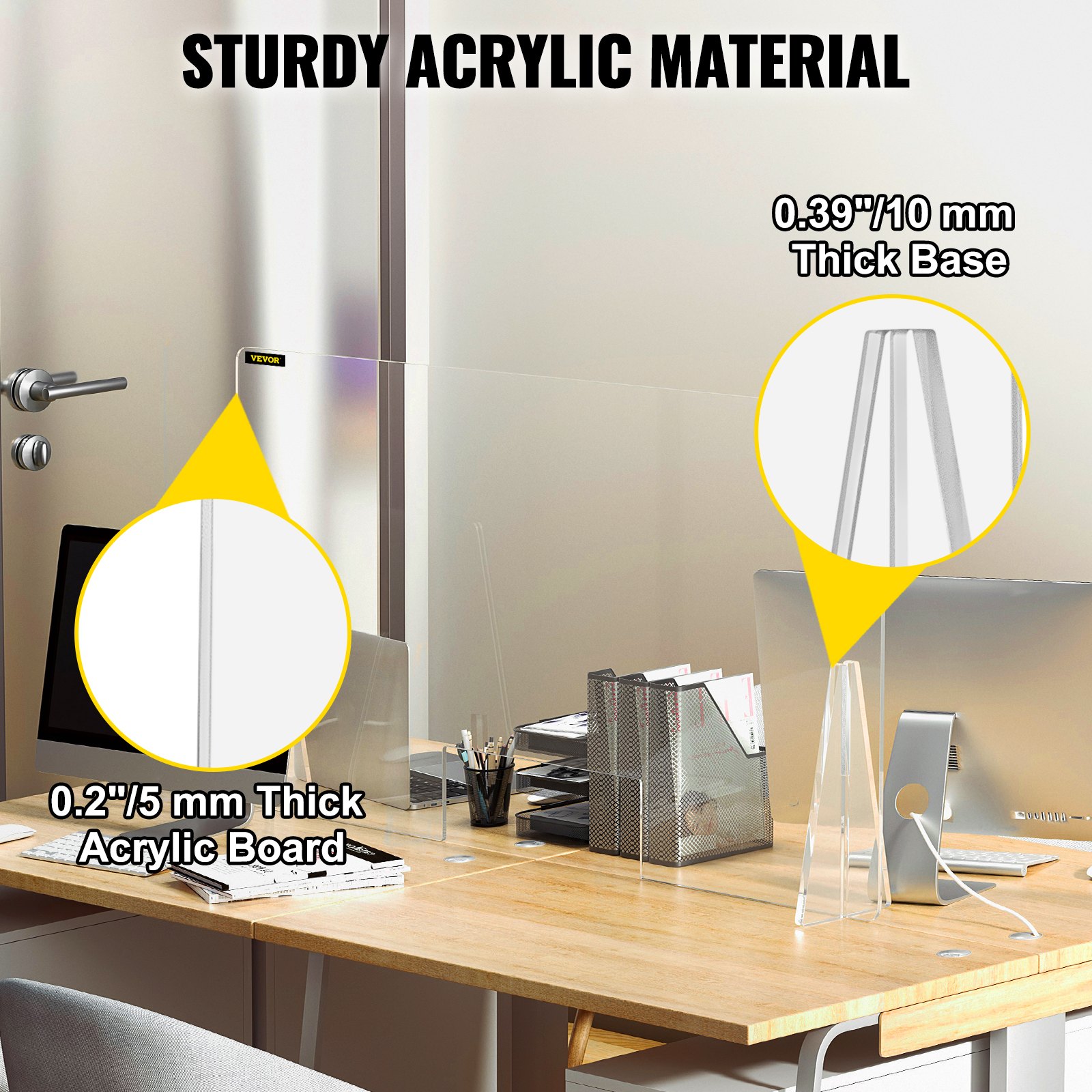 sturdy VEVOR acrylic sneeze guard on an office desk with thick base and acrylic board.