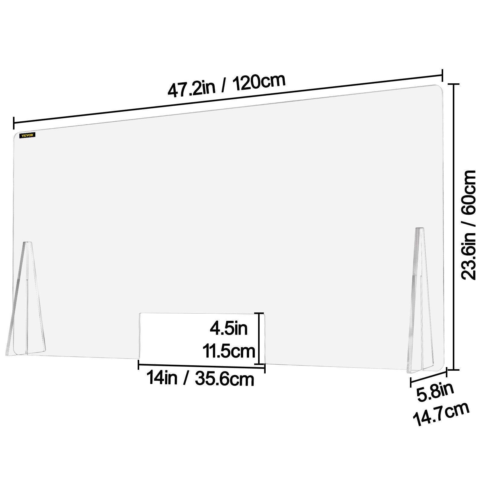 VEVOR acrylic sneeze guard with dimensions: 47.2&quot;x23.6&quot; and 14&quot;x4.5&quot; pass-through.