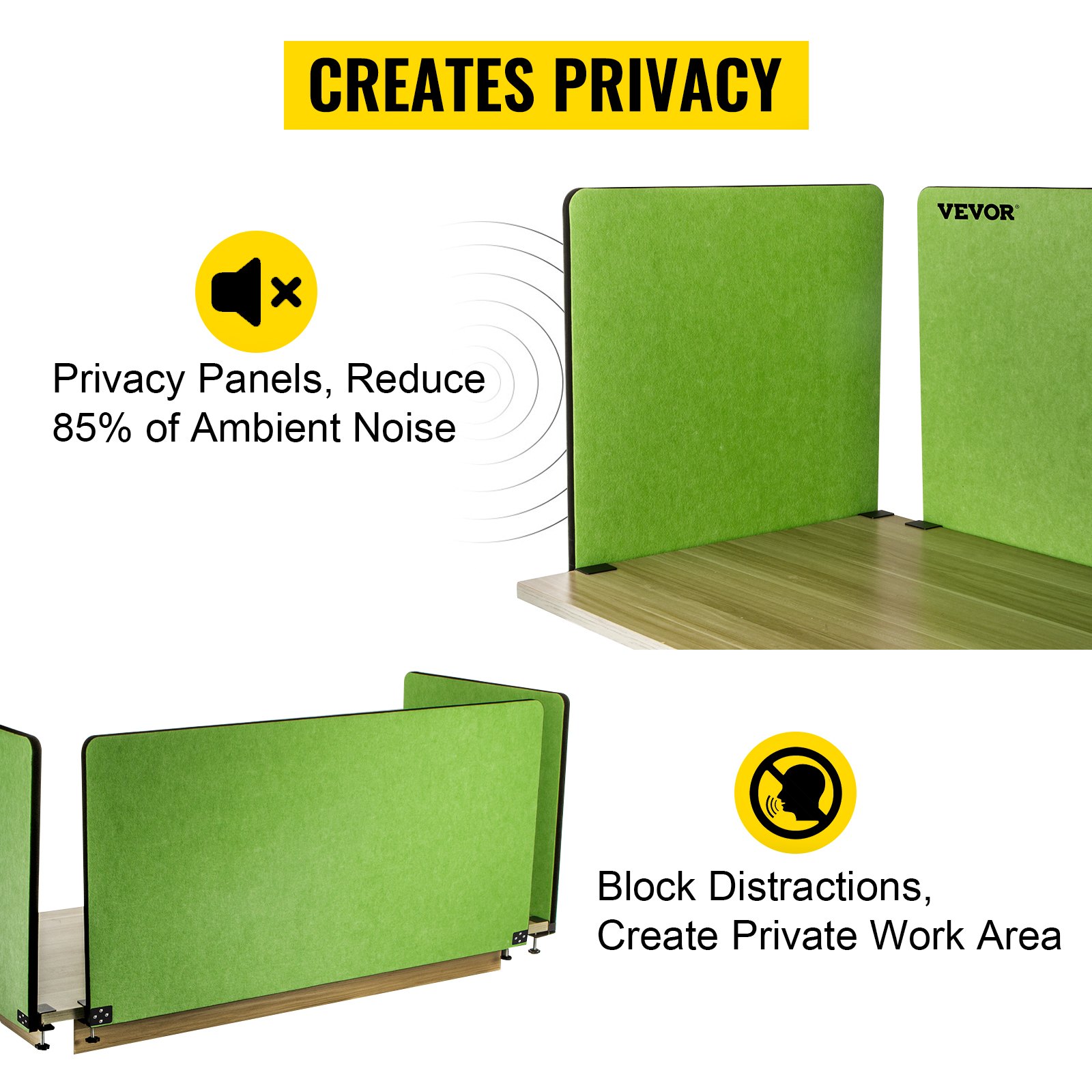VEVOR desk divider creating privacy with green panels, reducing ambient noise by 85%.
