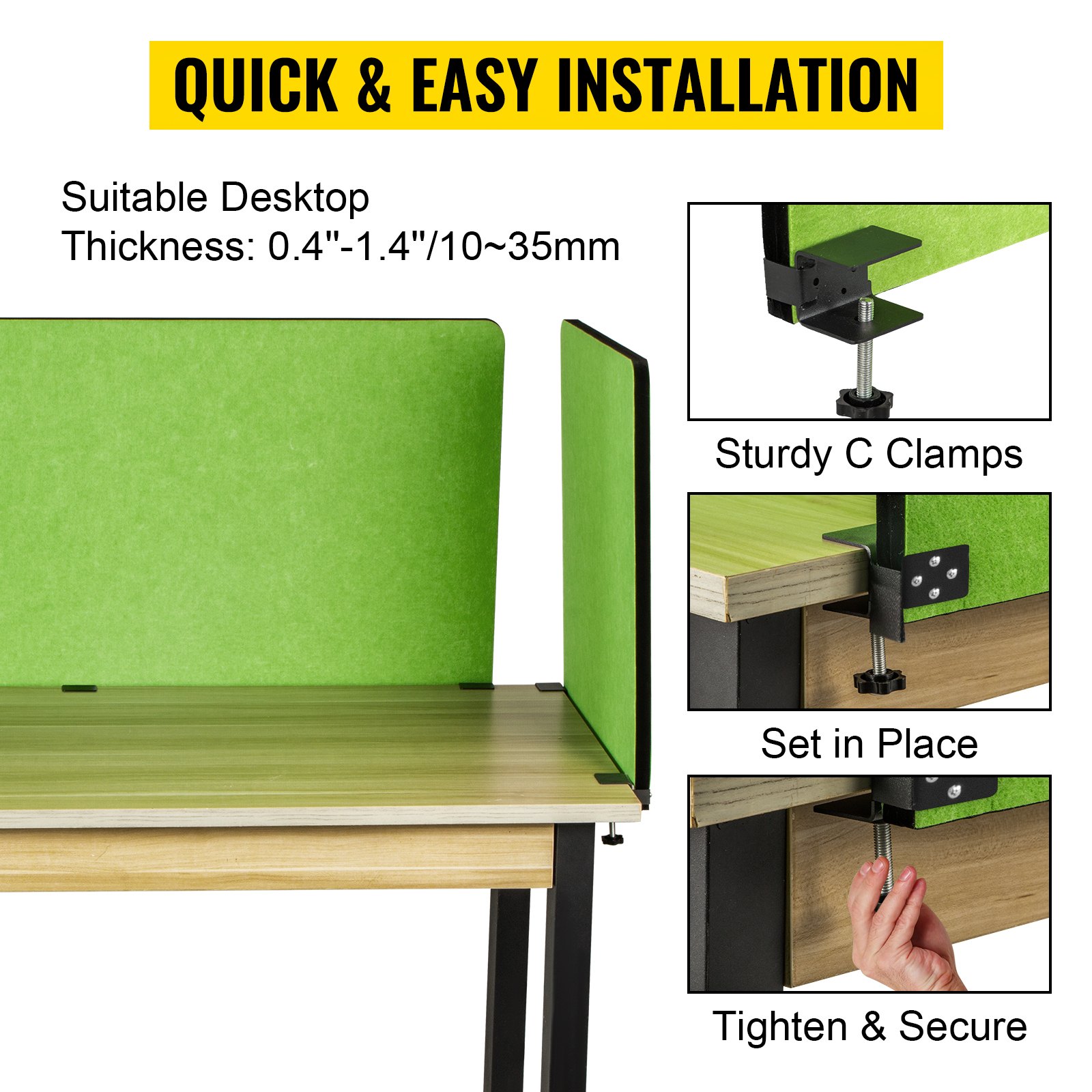 quick installation of VEVOR desk divider using sturdy c clamps on green panels.