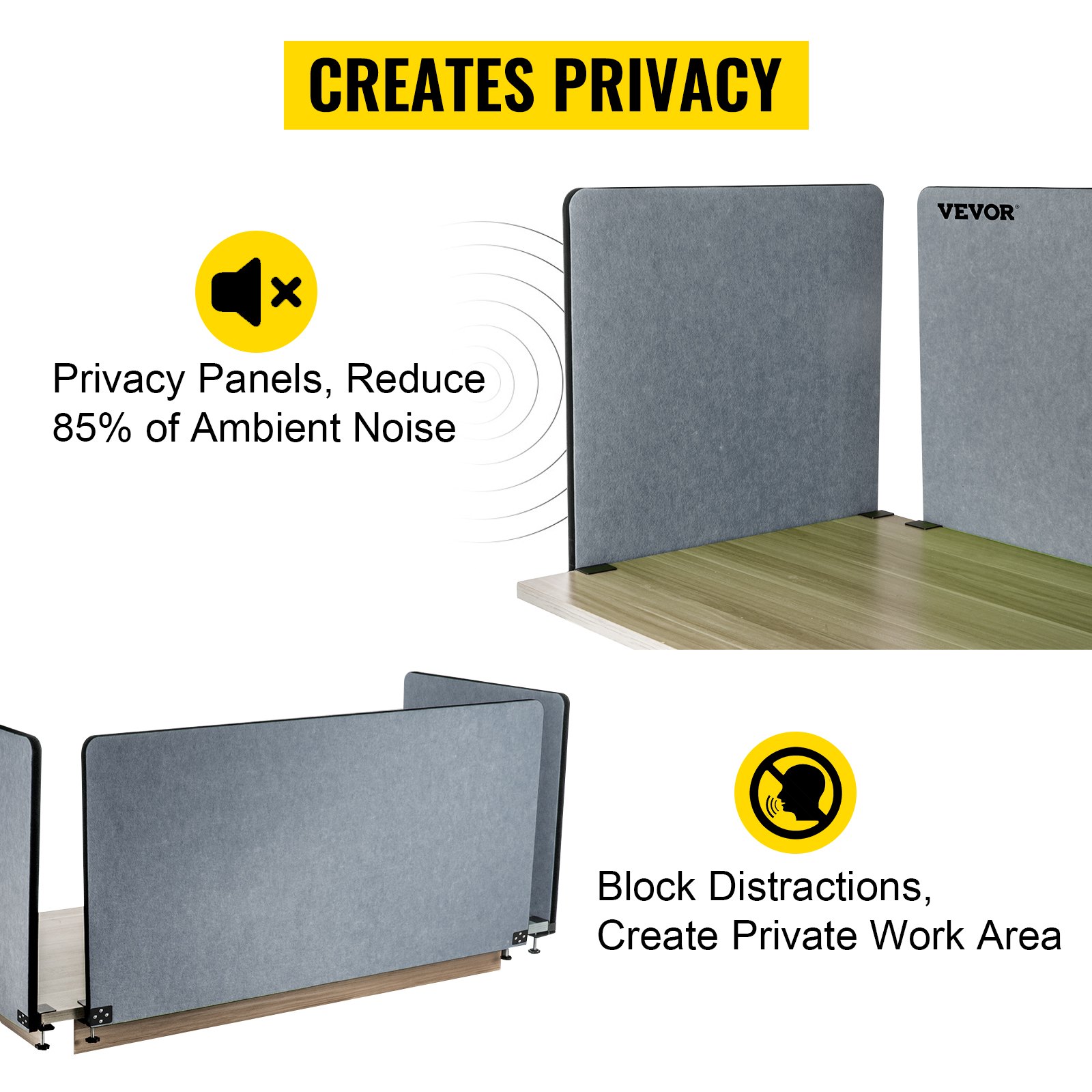 VEVOR Desk Divider, 60'', Sound Absorbing, Visual Privacy and Noise Reduction, 3 Panels Privacy Acoustic Panel for Home Office Classroom, Light Gray