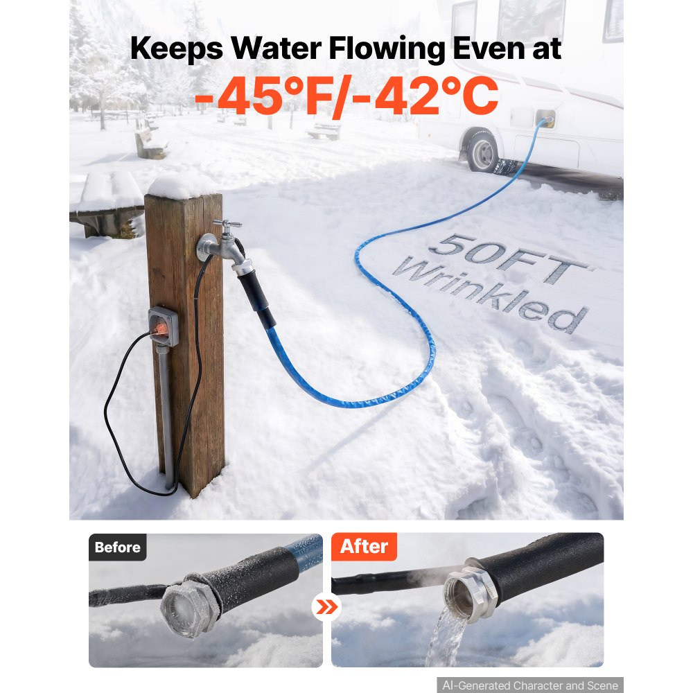 VEVOR 50FT Heated Water Hose for RV Antifreeze to -45°F Drinking Water Hose, 5/8" ID, Corrugated Surface, Built-in Thermostat, Freeze & Leak-Proof, Lead and BPA Free, Fast Heating for RV Camping