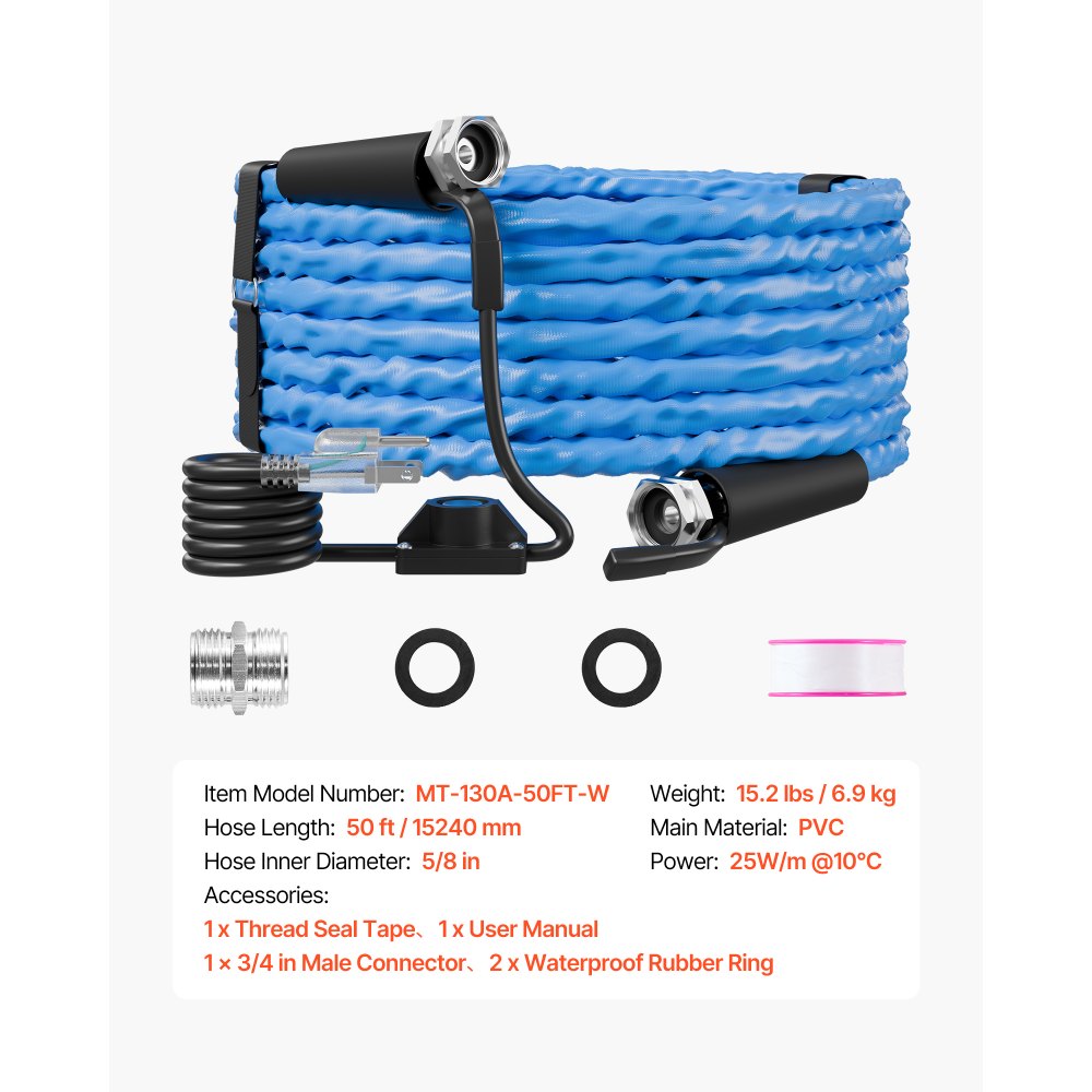 VEVOR 50FT Heated Water Hose for RV Antifreeze to -45°F Drinking Water Hose, 5/8" ID, Corrugated Surface, Built-in Thermostat, Freeze & Leak-Proof, Lead and BPA Free, Fast Heating for RV Camping