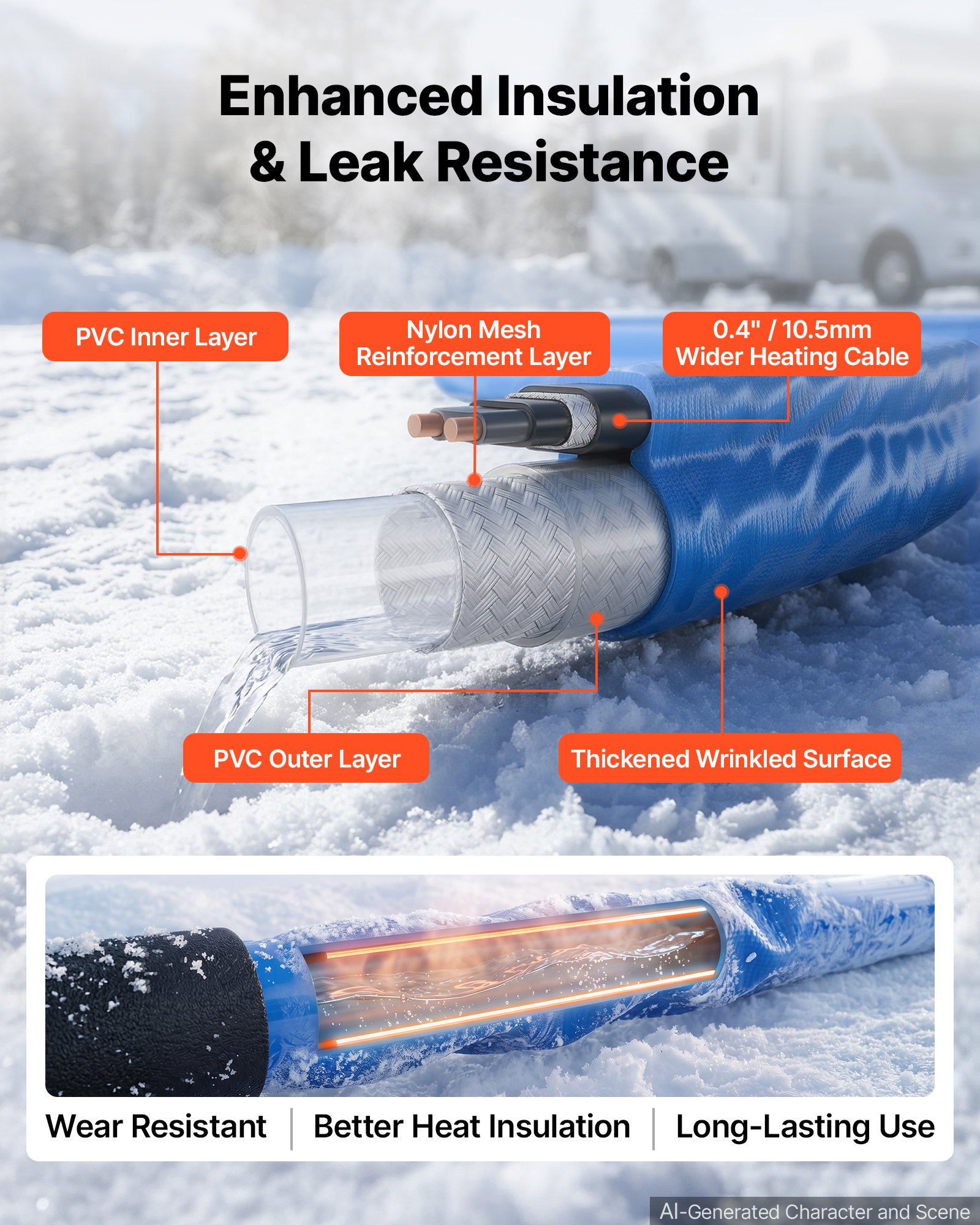 VEVOR 50FT Heated Water Hose for RV Antifreeze to -45°F Drinking Water Hose, 5/8" ID, Corrugated Surface, Built-in Thermostat, Freeze & Leak-Proof, Lead and BPA Free, Fast Heating for RV Camping