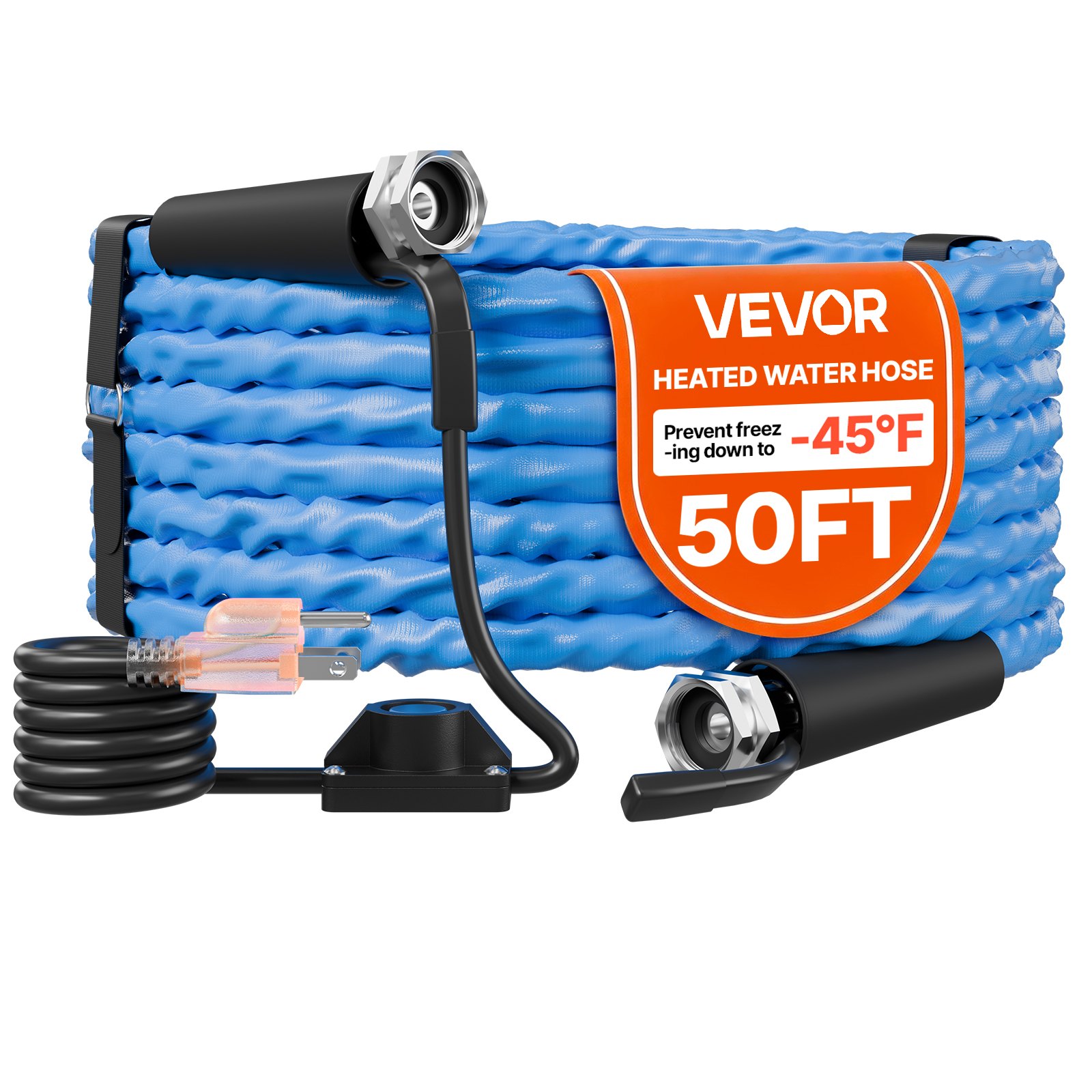 VEVOR 50FT Heated Water Hose for RV Antifreeze to -45°F Drinking Water Hose, 5/8" ID, Corrugated Surface, Built-in Thermostat, Freeze & Leak-Proof, Lead and BPA Free, Fast Heating for RV Camping