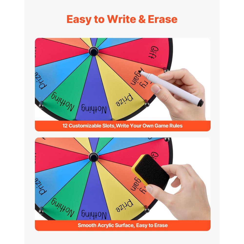VEVOR 305 mm Spinning Prize Wheel, 12 Slots Spinning Wheel with Stand, Tabletop Win Fortune Roulette with a Dry Erase and 2 Markers, 6 Colors, Easy Assembly, for Party Pub Trade Show Carnival Events