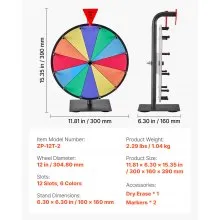 VEVOR 12 in Spinning Prize Wheel, 12 Slots Spinning Wheel with Stand, Tabletop Win Fortune Roulette with a Dry Erase and 2 Markers, 6 Colors, Easy Assembly, for Party Pub Trade Show Carnival Events