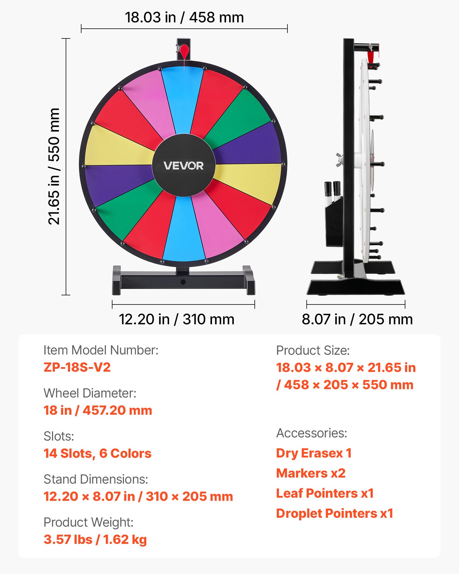VEVOR 457 mm Spinning Prize Wheel, 14 Slots Spinning Wheel with Stand, Tabletop Win Fortune Roulette with a Dry Erase and 2 Markers, 6 Colors, Easy Assembly, for Party Pub Trade Show Carnival Events