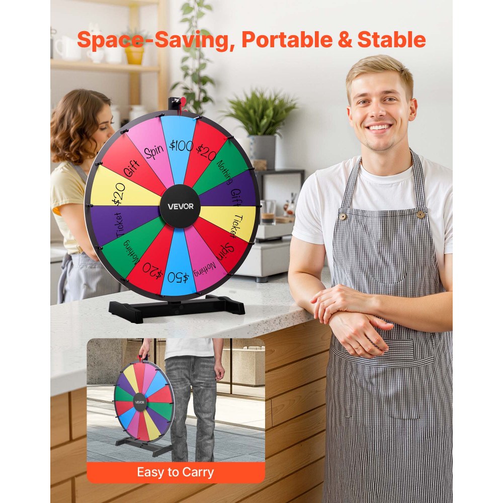 VEVOR 610 mm Spinning Prize Wheel, 14 Slots Spinning Wheel with Stand, Tabletop Win Fortune Roulette with a Dry Erase and 2 Markers, 6 Colors, Easy Assembly, for Party Pub Trade Show Carnival Events