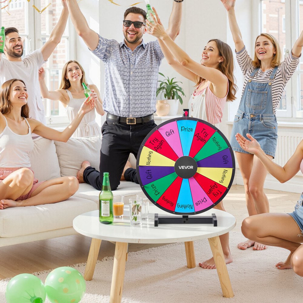 VEVOR 610 mm Spinning Prize Wheel, 14 Slots Spinning Wheel with Stand, Tabletop Win Fortune Roulette with a Dry Erase and 2 Markers, 6 Colors, Easy Assembly, for Party Pub Trade Show Carnival Events