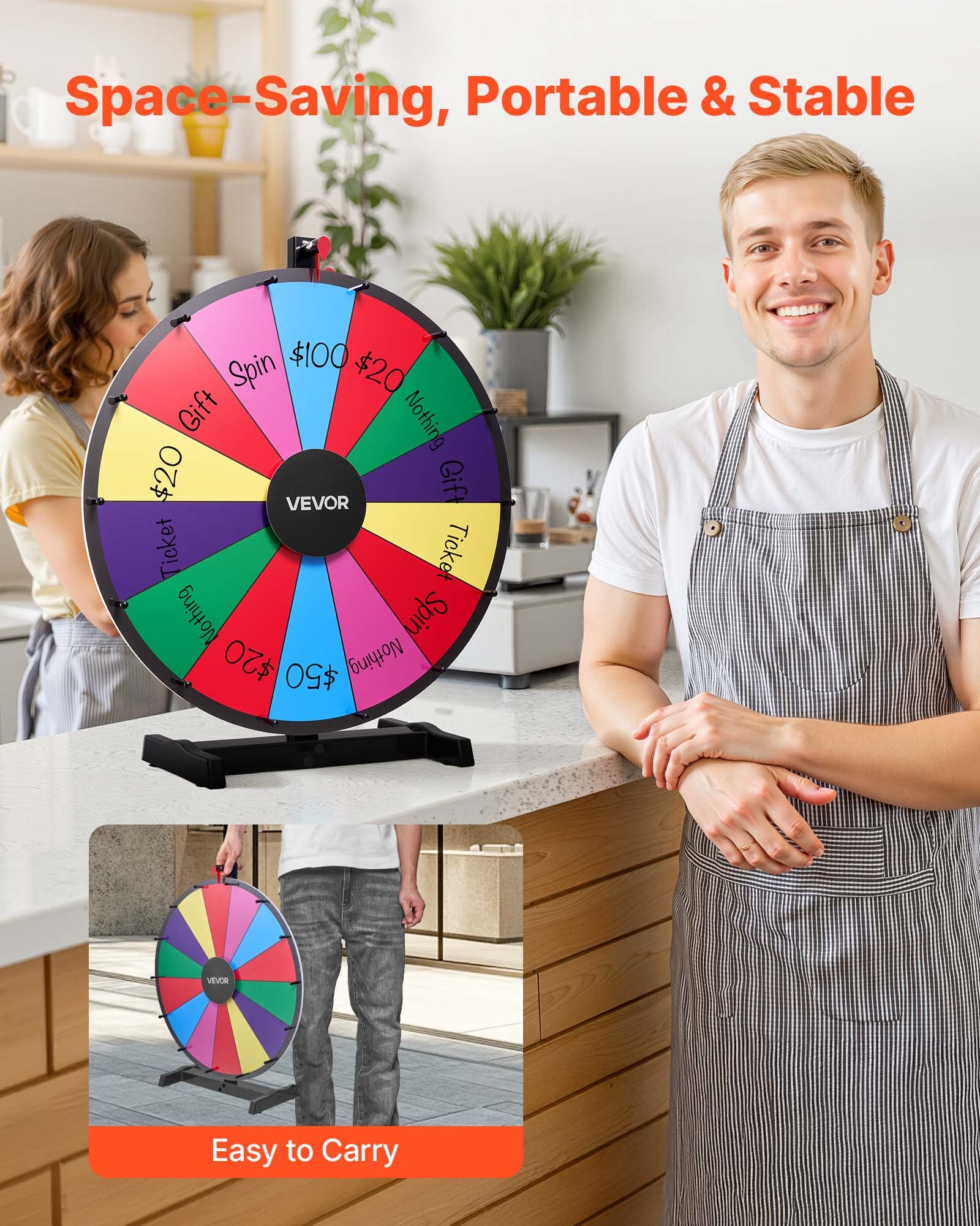 VEVOR 610 mm Spinning Prize Wheel, 14 Slots Spinning Wheel with Stand, Tabletop Win Fortune Roulette with a Dry Erase and 2 Markers, 6 Colors, Easy Assembly, for Party Pub Trade Show Carnival Events