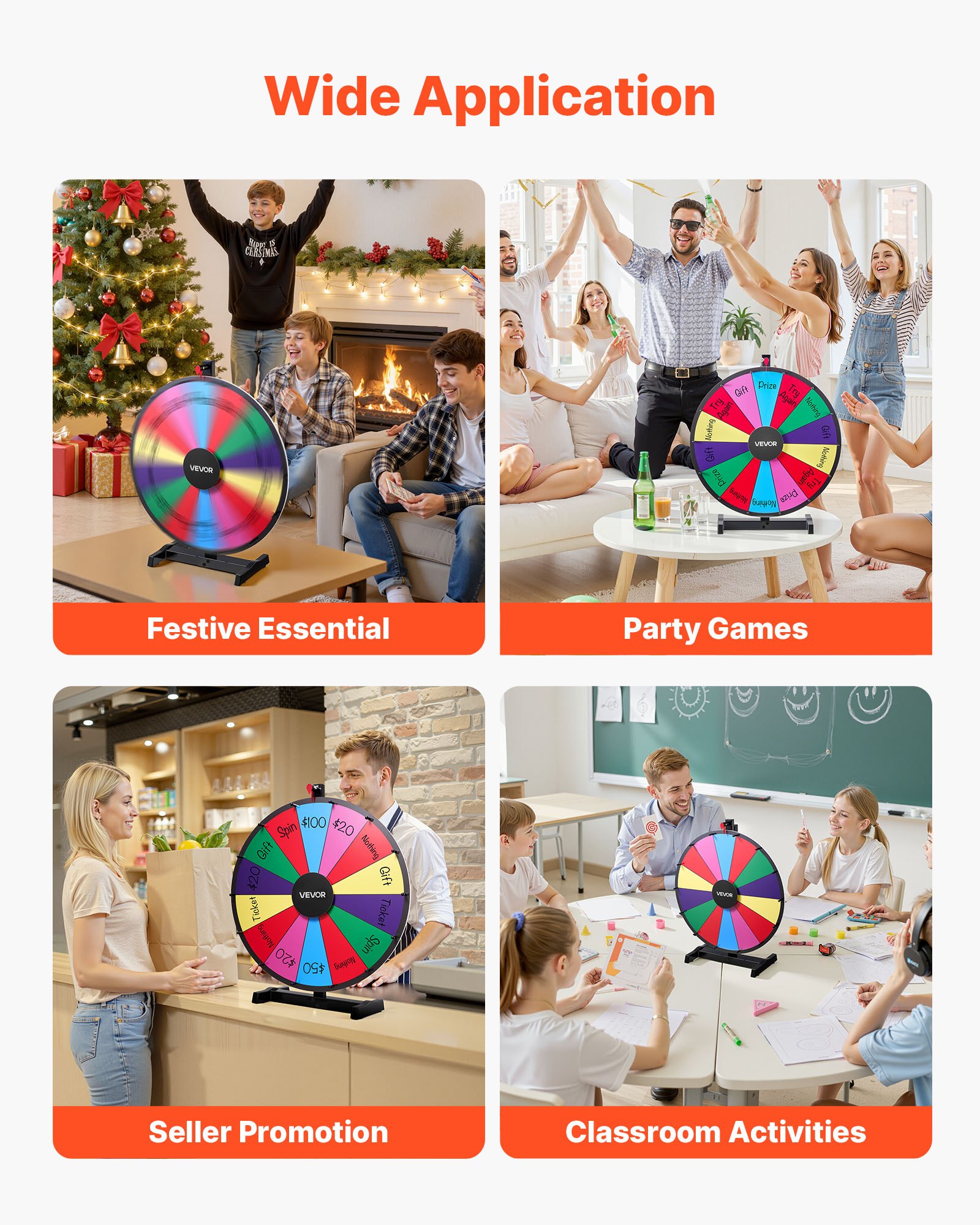 VEVOR 610 mm Spinning Prize Wheel, 14 Slots Spinning Wheel with Stand, Tabletop Win Fortune Roulette with a Dry Erase and 2 Markers, 6 Colors, Easy Assembly, for Party Pub Trade Show Carnival Events