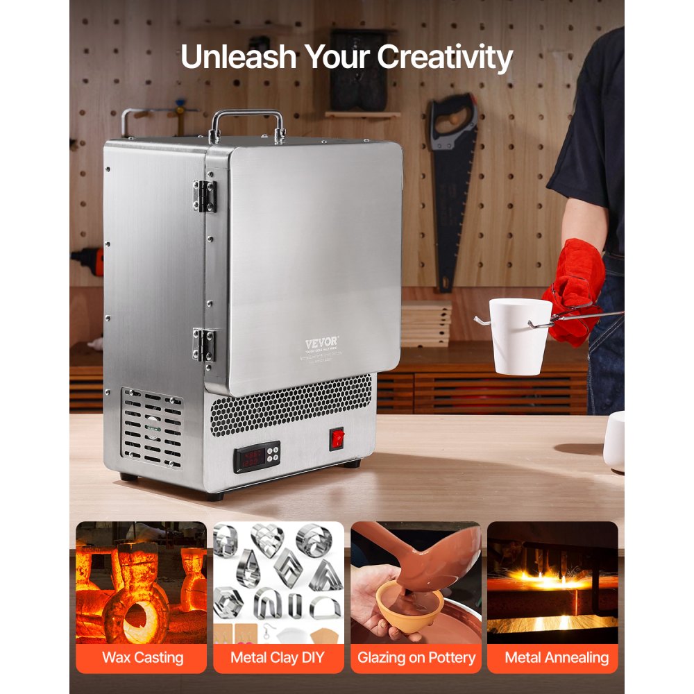 VEVOR Tabletop Kiln Melter, 1500W Powerful Electric Kiln, 2192℉ / 1200℃ Max Temperature, Stainless Steel, Gold Melting Furnace for Wax Casting, Clay DIY, Metal Tempering, Glazing on Pottery, Silver