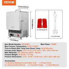 VEVOR Electric Kiln, 1500W Electric Melting Furnace, Stainless Steel Electric Furnace, Max Temperature 2192℉/1200℃, for Wax Casting, Metal Clay DIY, Metal Tempering , Glazing on Pottery