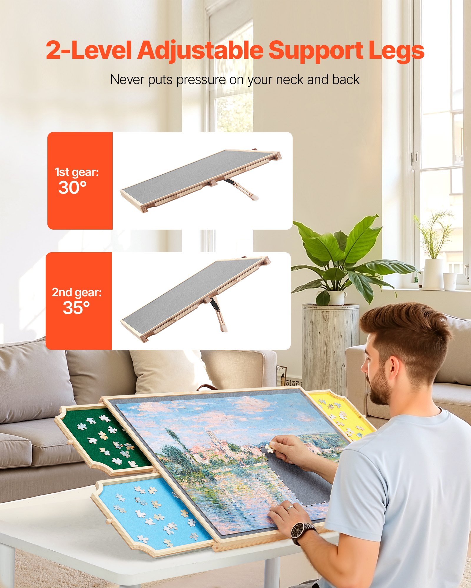 VEVOR 1000 Piece Rotating Puzzle Board with 4 Colorful Felt Drawers and Cover, 73x53cm Portable Wooden Table, Adjustable 2-Tilting-Angle Jigsaw Puzzle Accessories for Adults, Birthday Gift for Mom