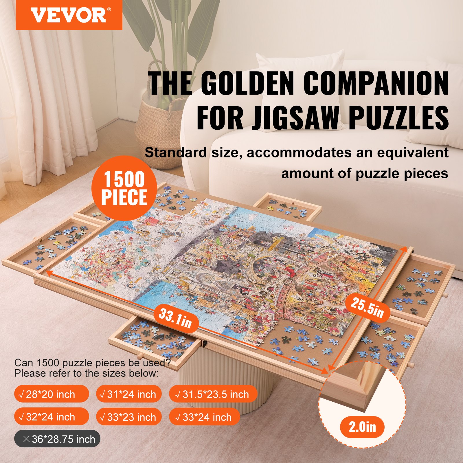 VEVOR puzzle board with a 1500-piece puzzle, storage drawers, and dimensions highlighted in a cozy room.