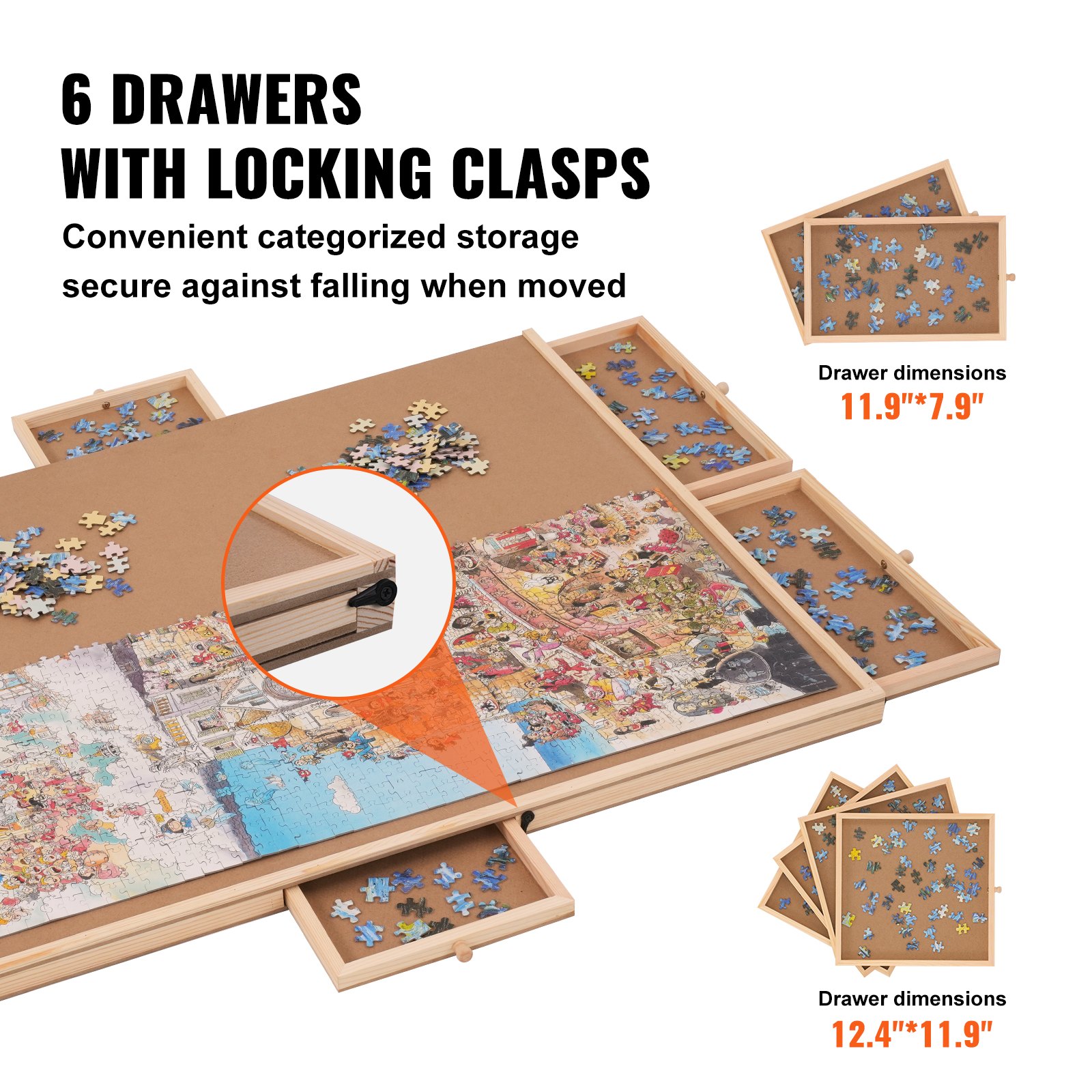 VEVOR puzzle board with 6 locking claps drawers for organized and secure puzzle piece storage.