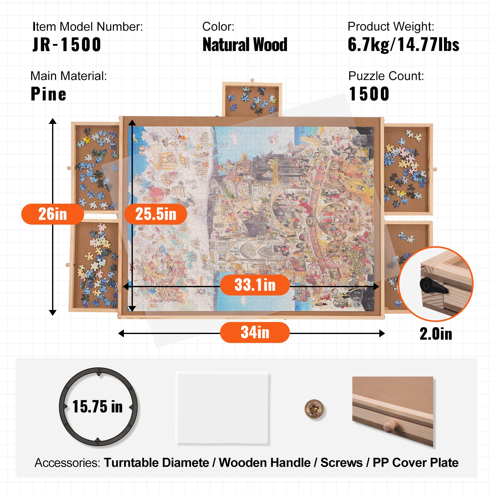VEVOR puzzle board with natural wood finish, 1500-piece capacity, dimensions: 34x26 inches, and accessories.