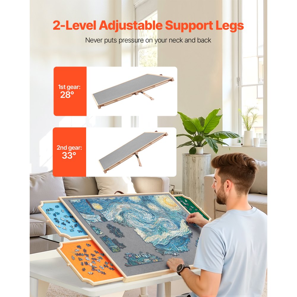 VEVOR 1500 Piece Rotating Puzzle Board with 4 Colorful Felt Drawers and Cover, 86x63cm Portable Wooden Table, Adjustable 2-Tilting-Angle Jigsaw Puzzle Accessories for Adults, Birthday Gift for Mom